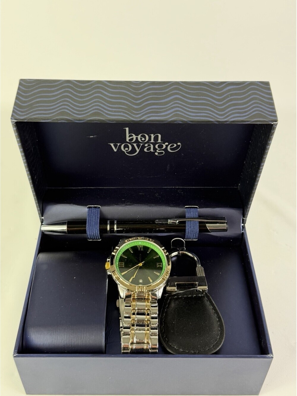 Boxed Men's Watch , Bon Voyage, Green Face , Pen Great Gift